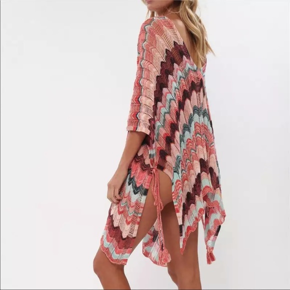 Sexy Coral Pink Knit Striped Coverup Tunic Poncho - Picture 5 of 7